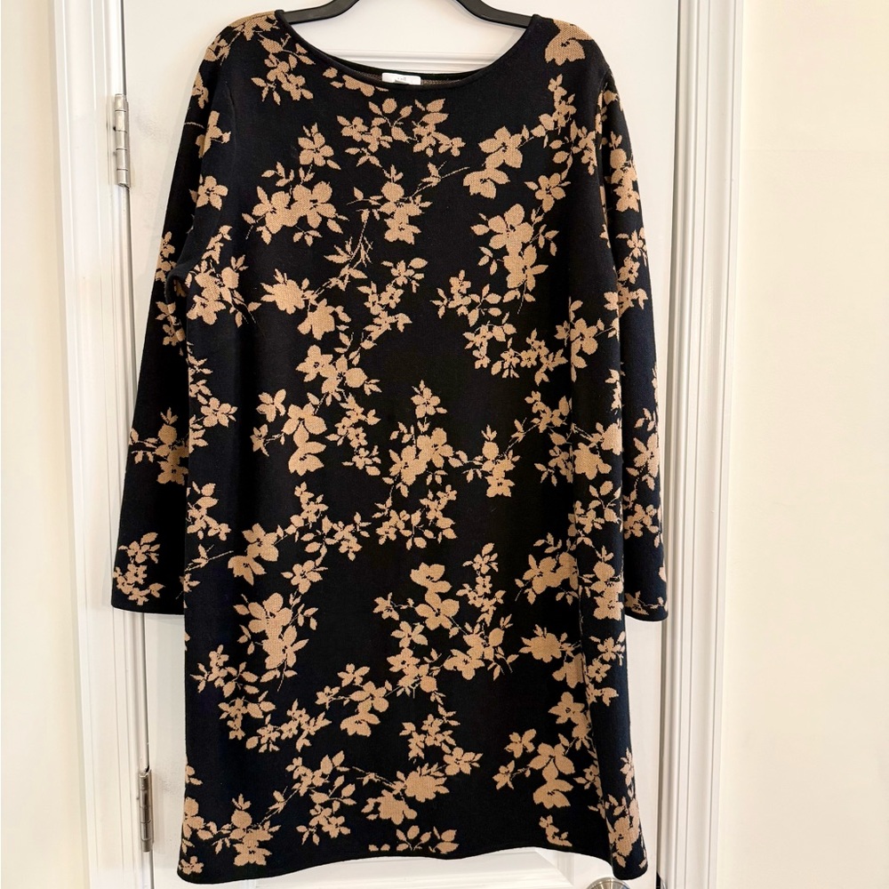J. Jill Floral Jacquard Sweater Dress Women’s L Petite Black Tan Knit Fall